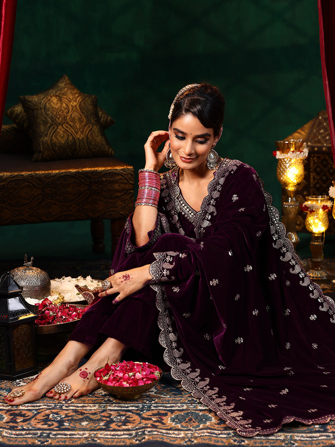 Buy Burgundy Yoke Design Velvet Straight Suit With Dupatta Online
