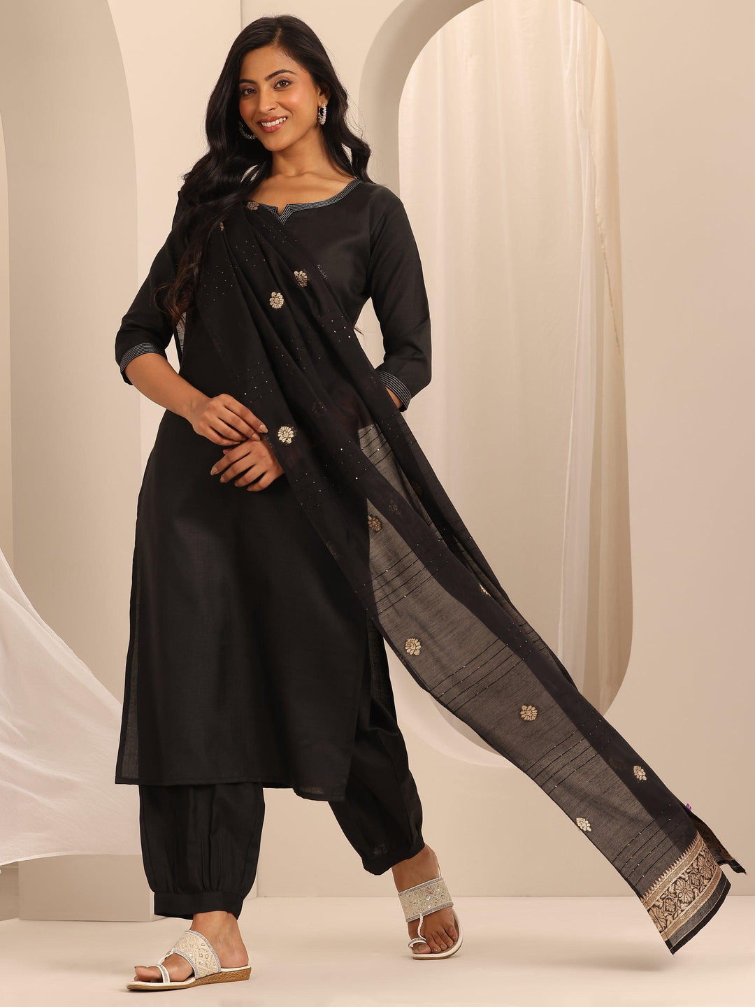 Black Solid Cotton Blend Straight Suit With Dupatta