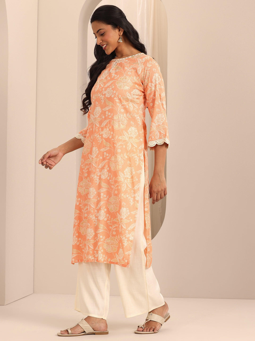 Orange Printed Cotton Blend Straight Suit With Dupatta