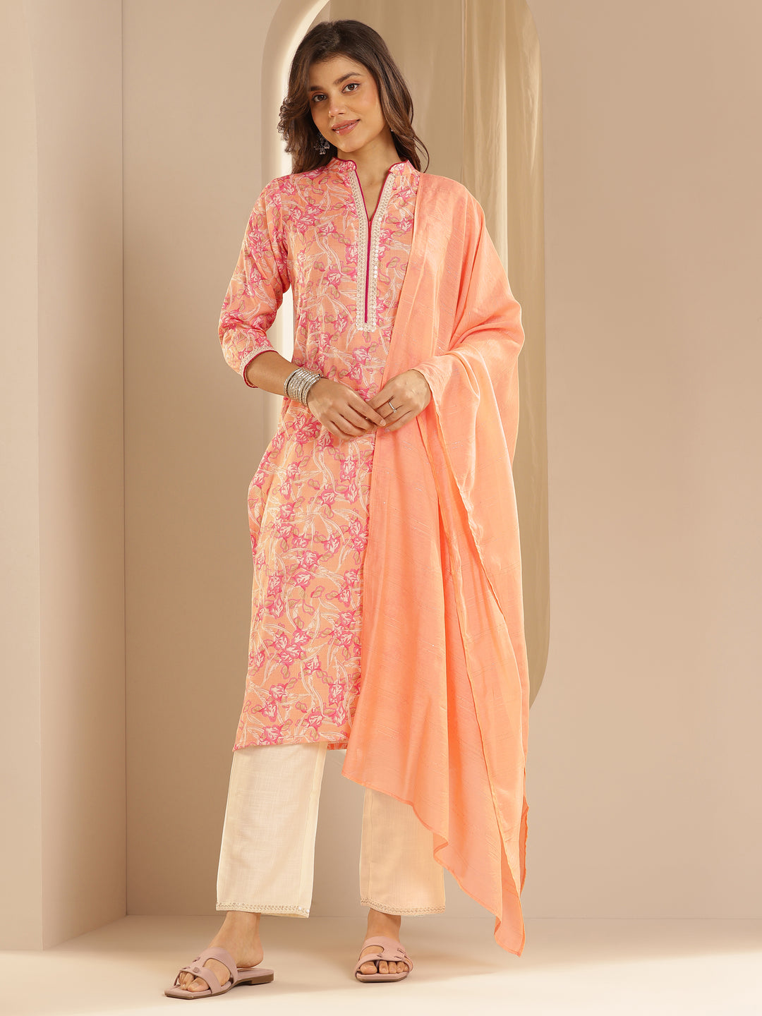 Orange Printed Cotton Blend Straight Suit With Dupatta