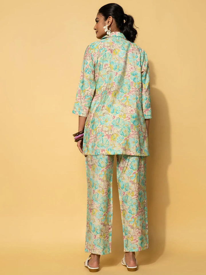 Turquoise Printed Silk Blend Co-Ords - Libas