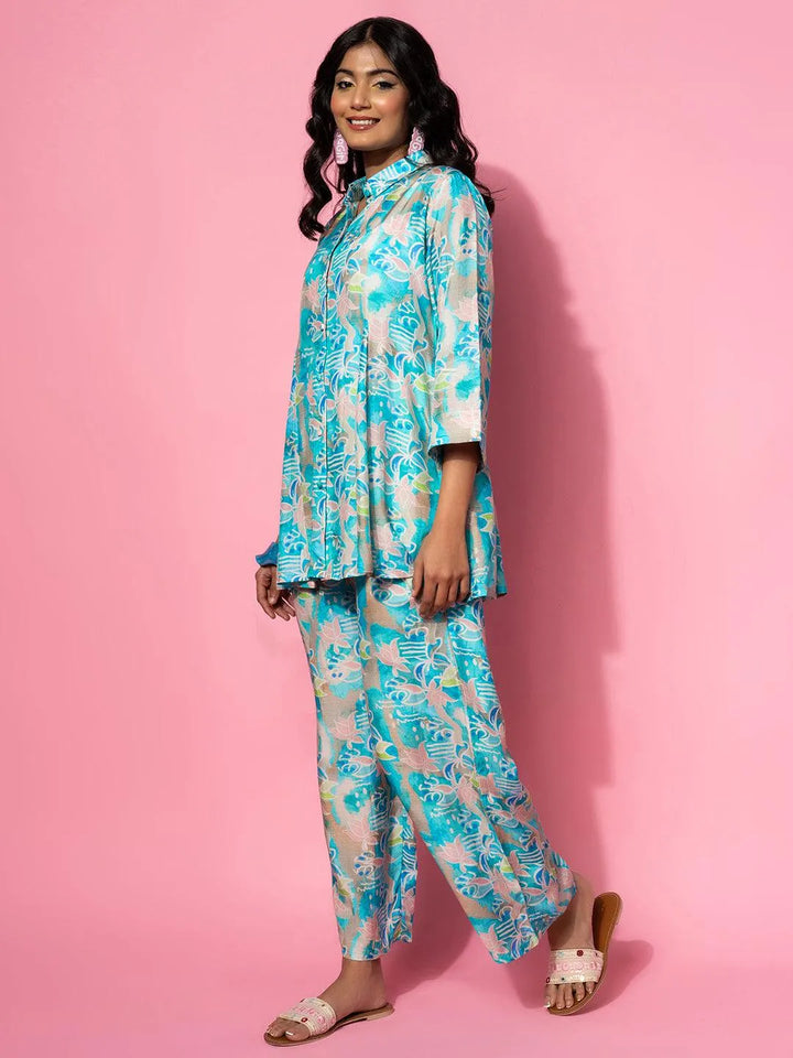 Blue Printed Silk Blend Co-Ords - Libas