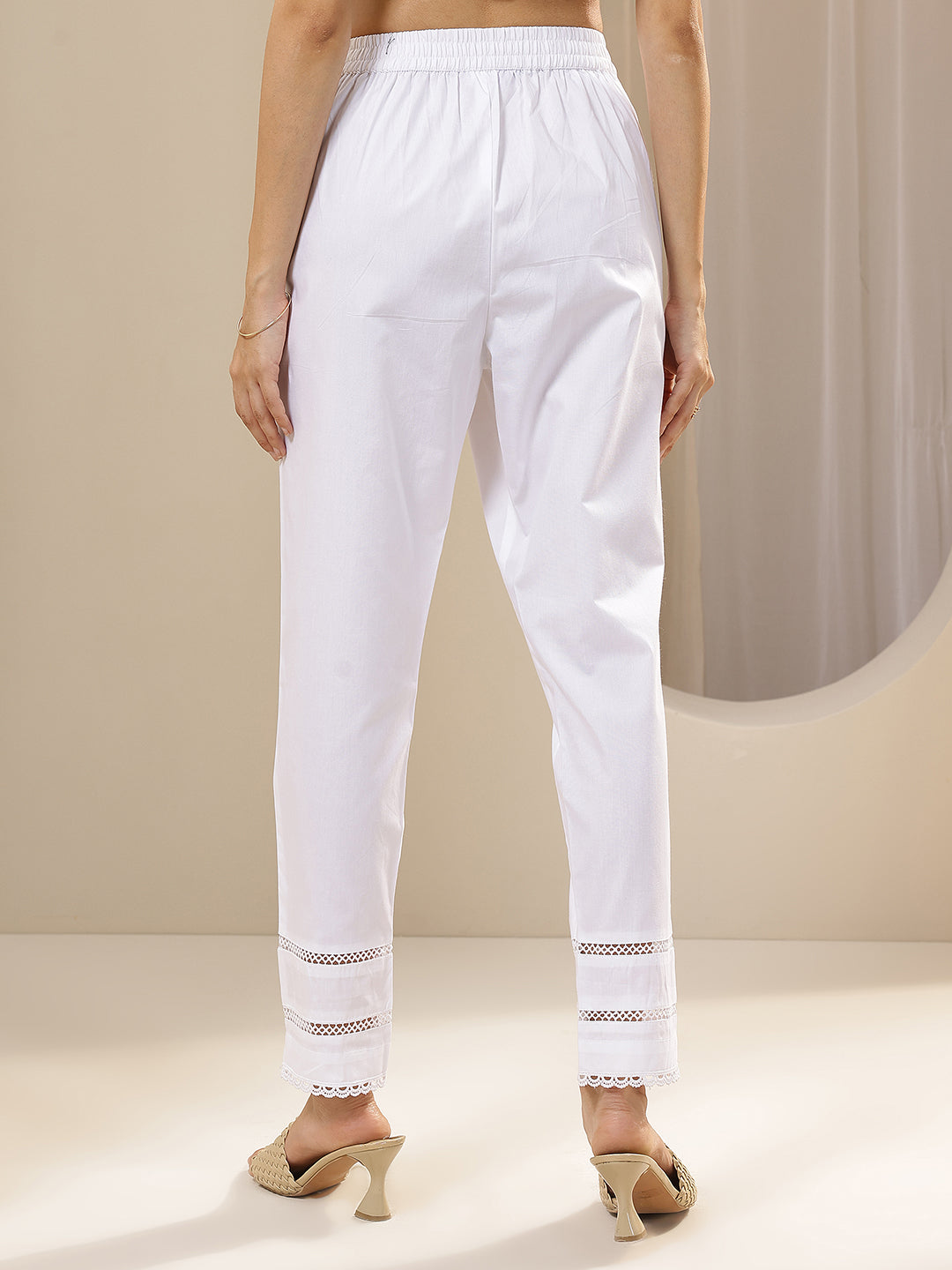 White Solid Cotton Trousers