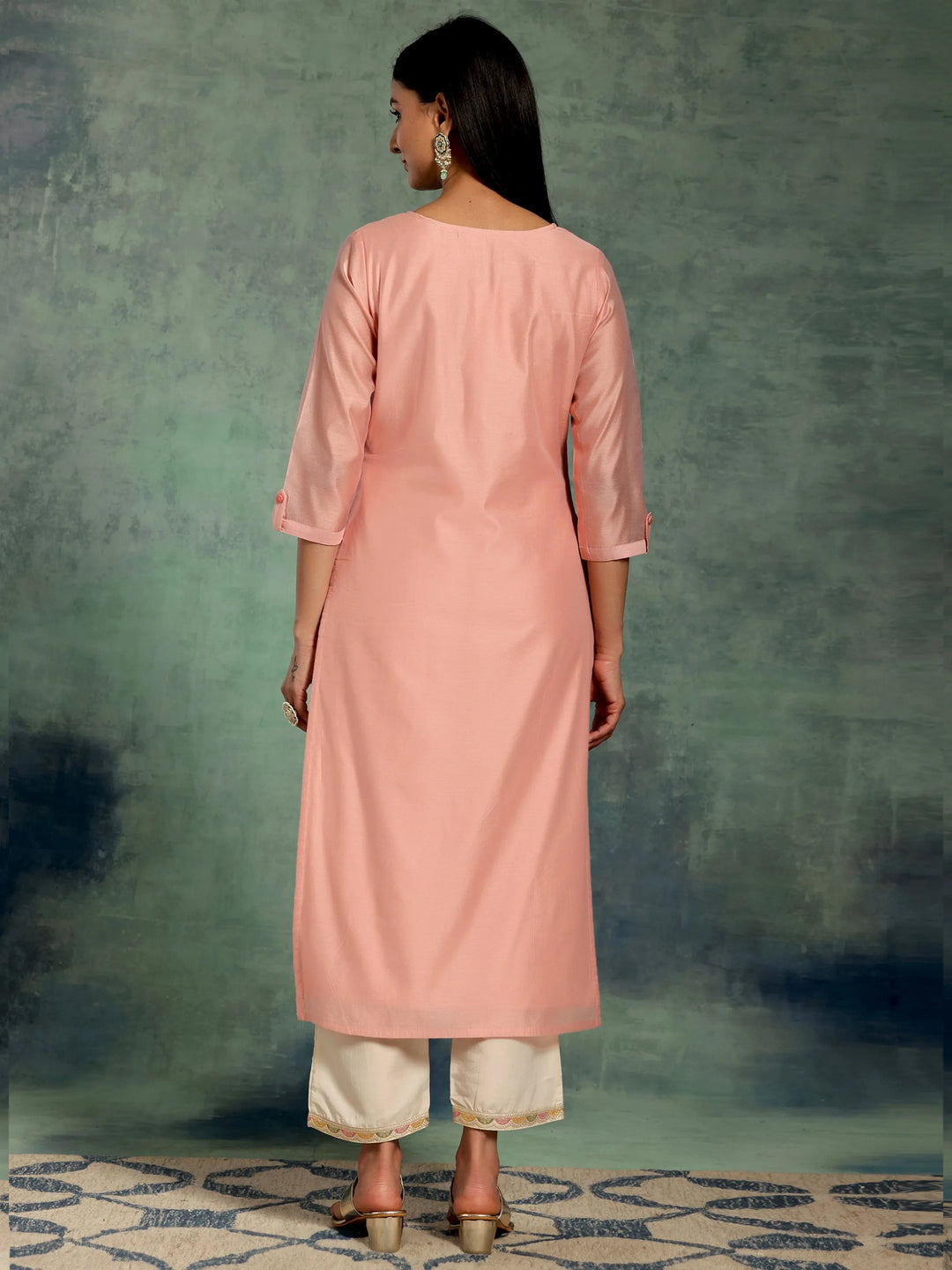 Peach Embroidered Chanderi Silk Straight Kurta