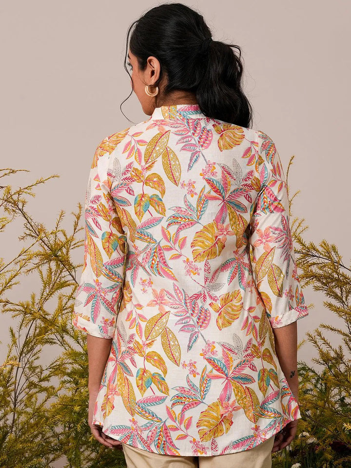 Cream Printed Silk Blend A-Line Kurti - Libas