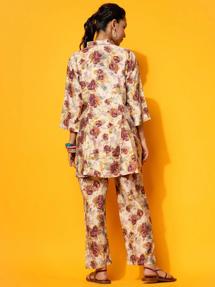 Beige Printed Silk Blend Co-Ords - Libas