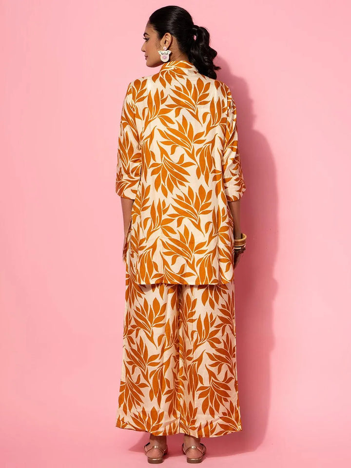 Beige Printed Silk Blend Co-Ords - Libas