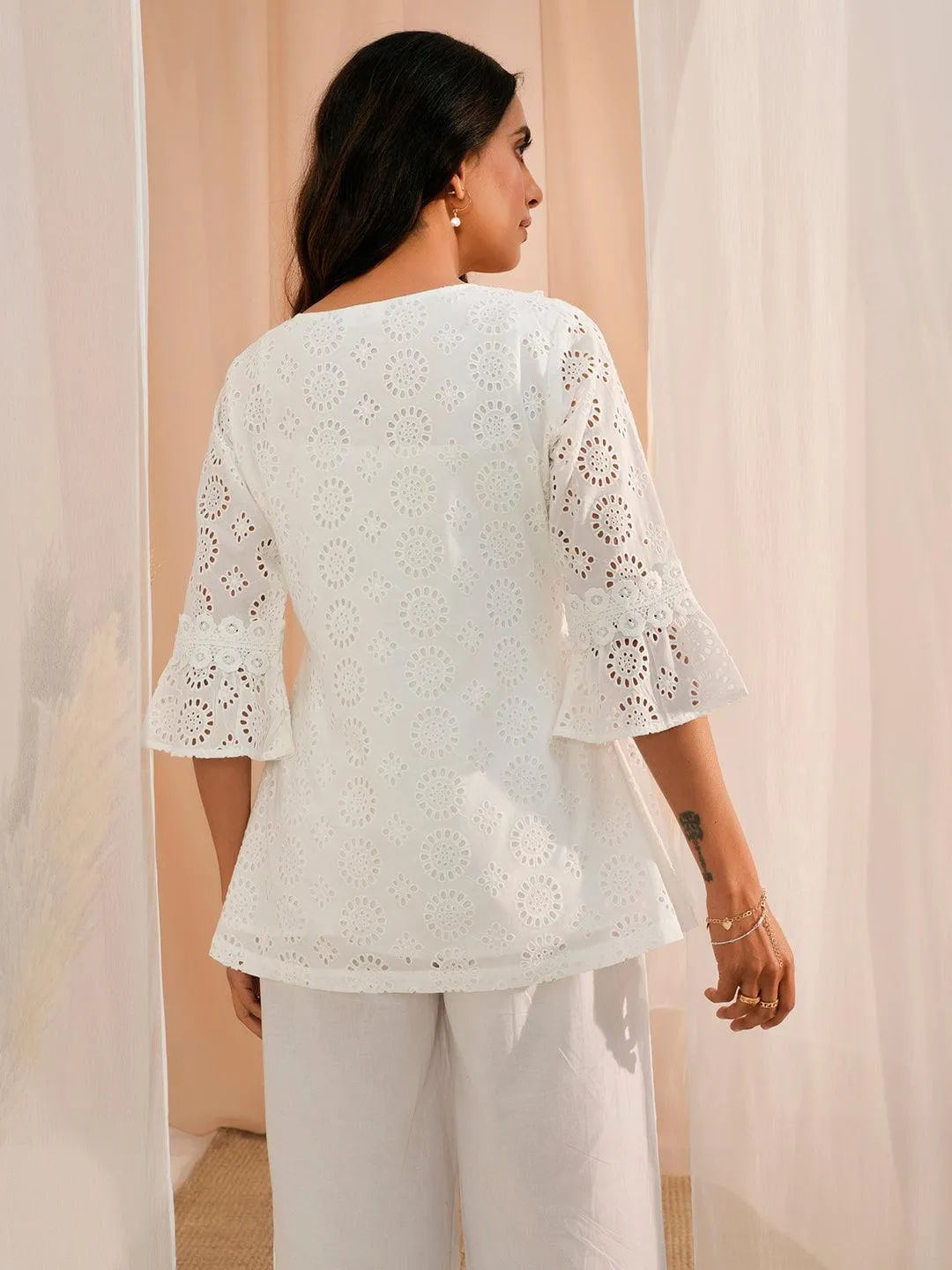 White Embroidered Cotton A-Line Kurti - Libas