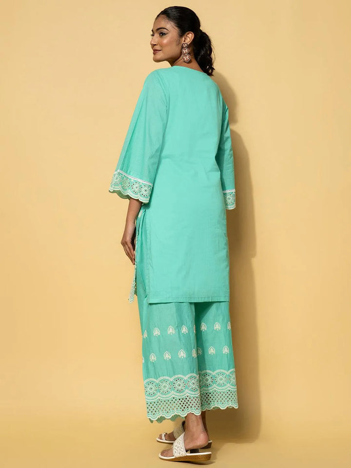 Green Embroidered Cotton Co-Ords - Libas
