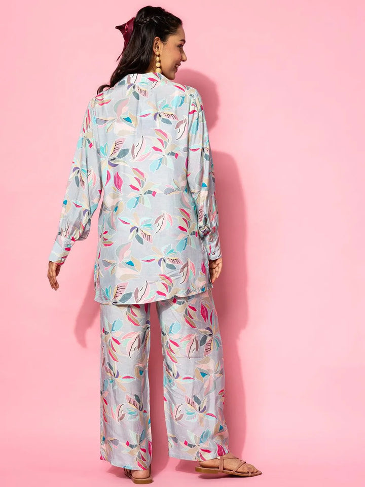 Grey Printed Silk Blend Co-Ords - Libas
