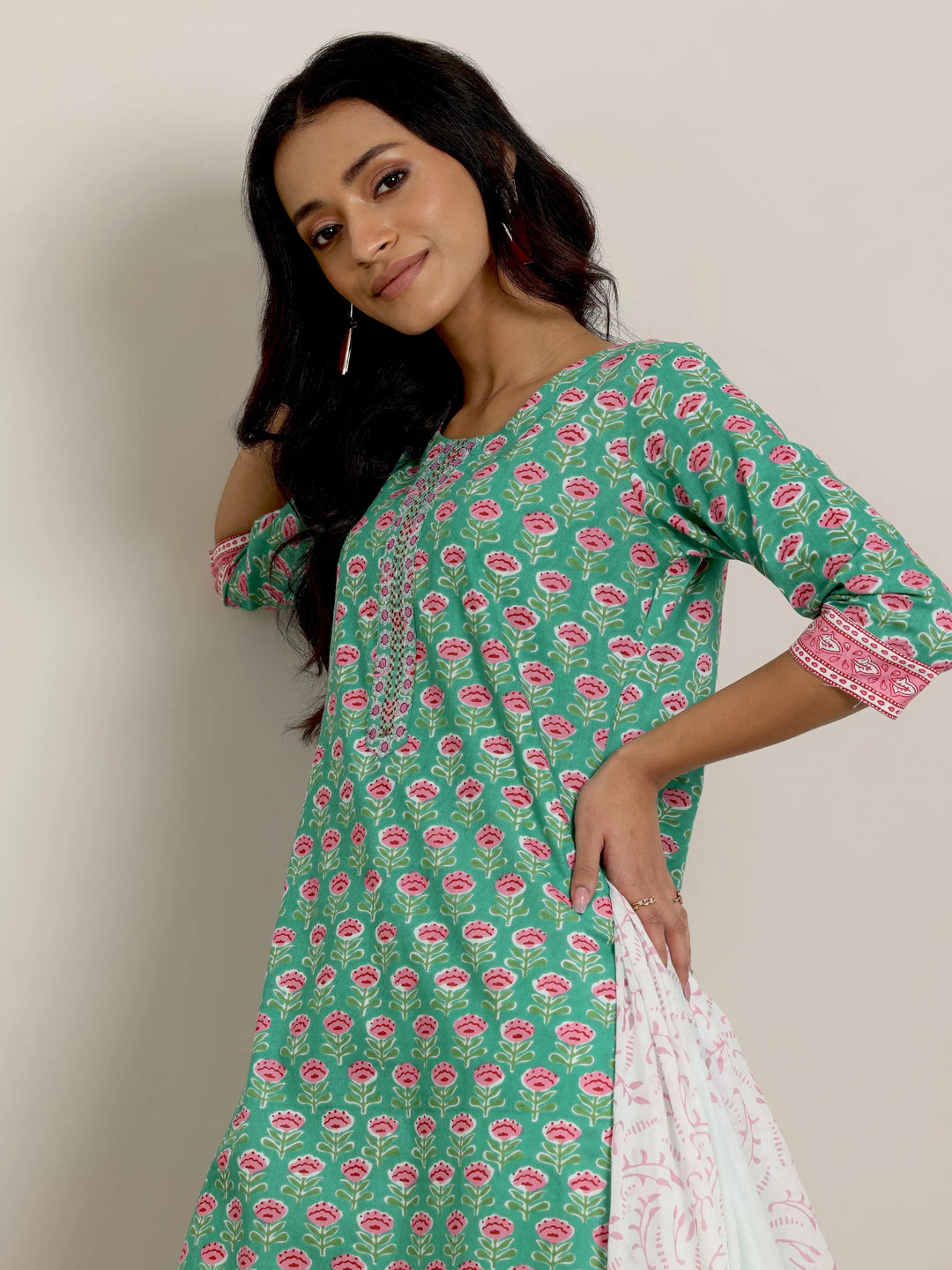 Green Printed Cotton Straight Suit Set With Dupatta