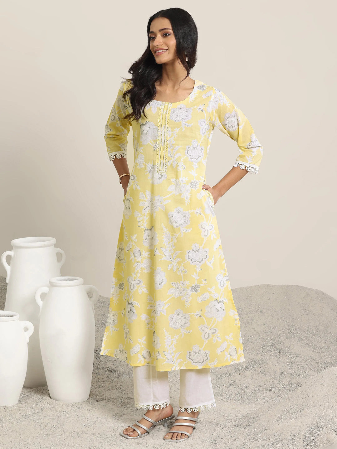 Yellow Printed Cotton Straight Suit Set With Dupatta