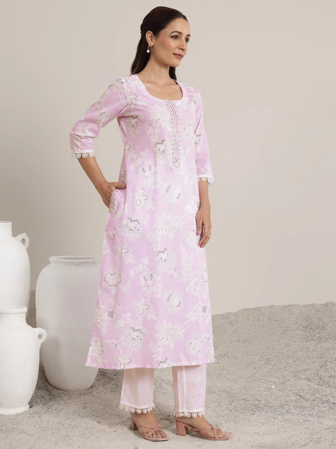 Lavender Printed Cotton Straight Suit Set With Dupatta