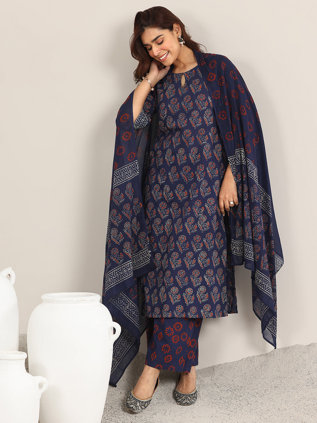 Blue Printed Cotton Straight Suit With Dupatta
