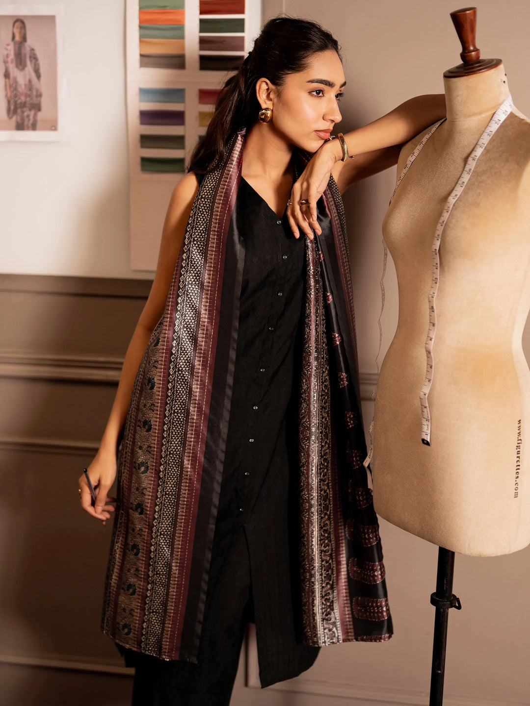 Black Woven Design Silk Blend Straight Suit Set With Dupatta