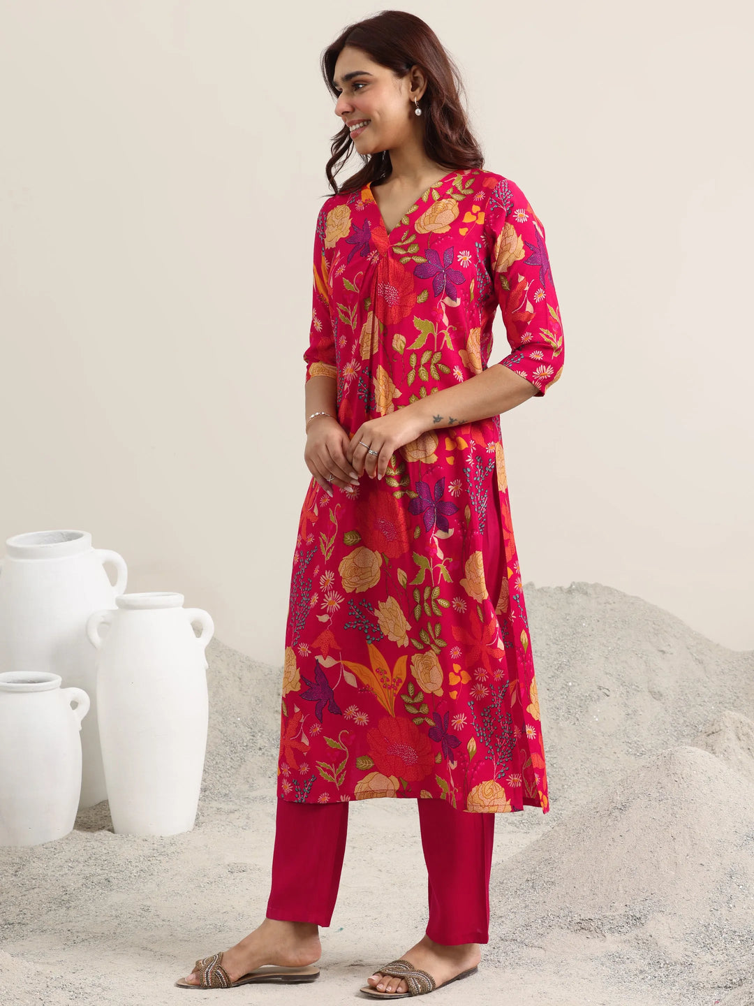 Red Printed Rayon Straight Kurta With Trousers