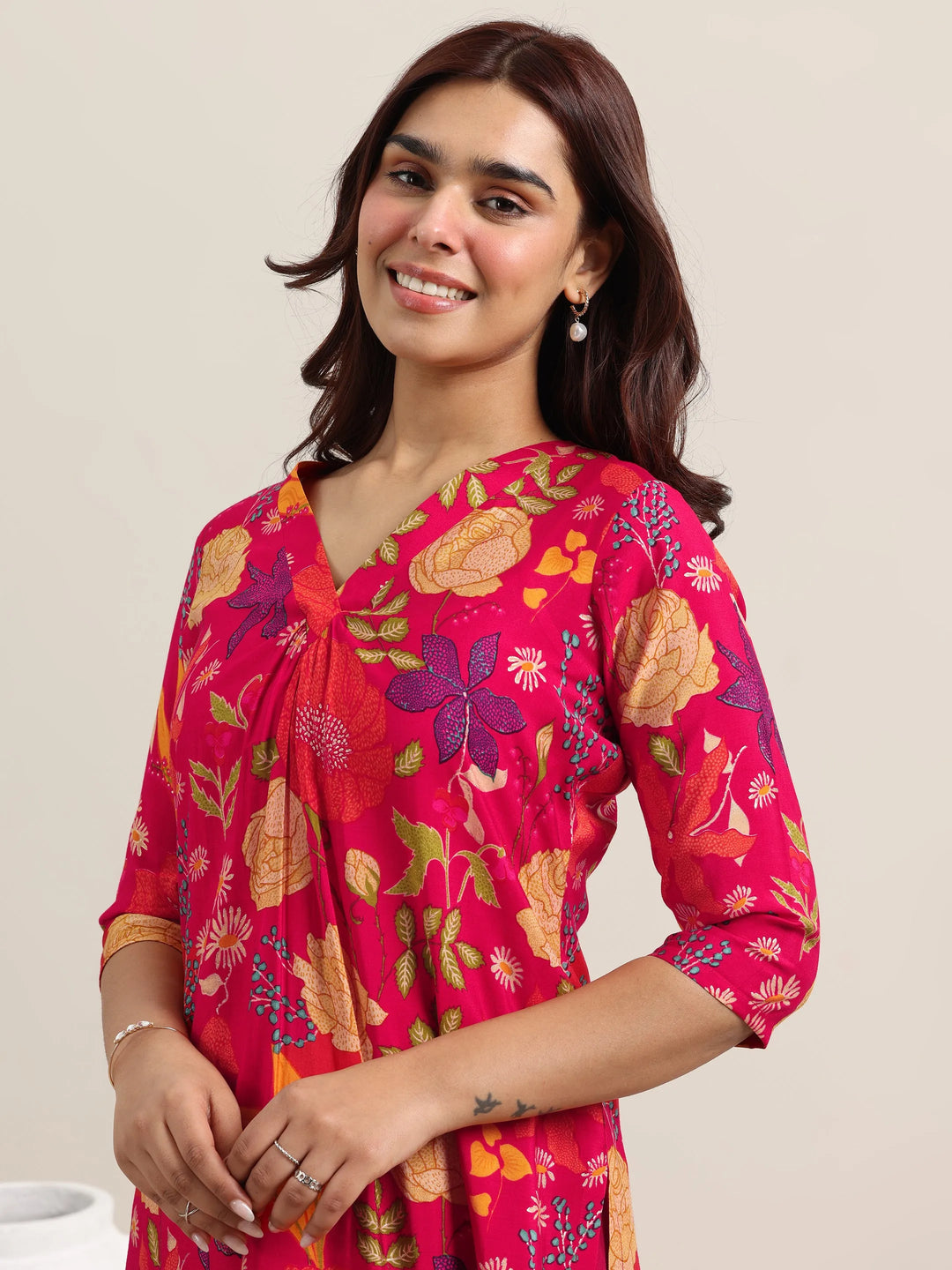 Red Printed Rayon Straight Kurta With Trousers
