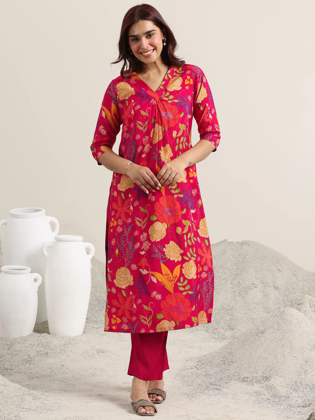 Red Printed Rayon Straight Kurta With Trousers