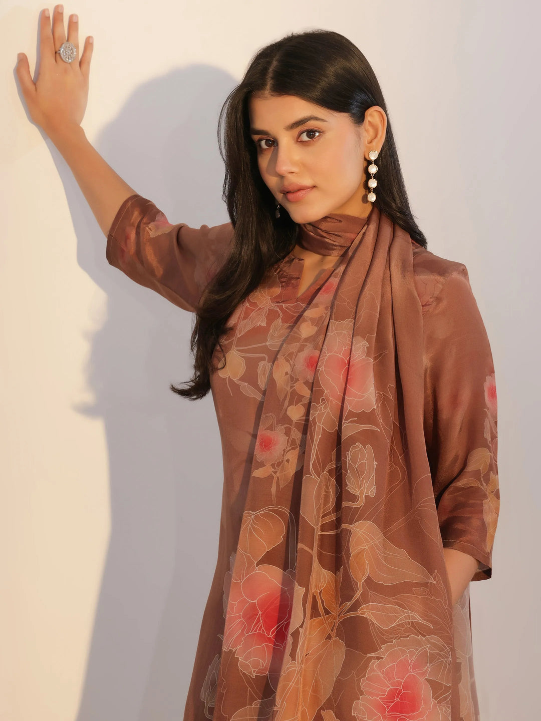 Brown Printed Silk Blend Straight Suit With Dupatta