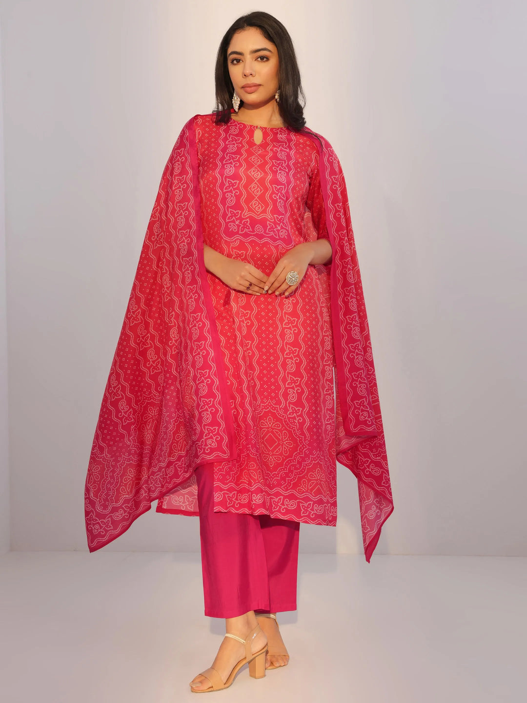 Red Printed Silk Blend Straight Suit With Dupatta