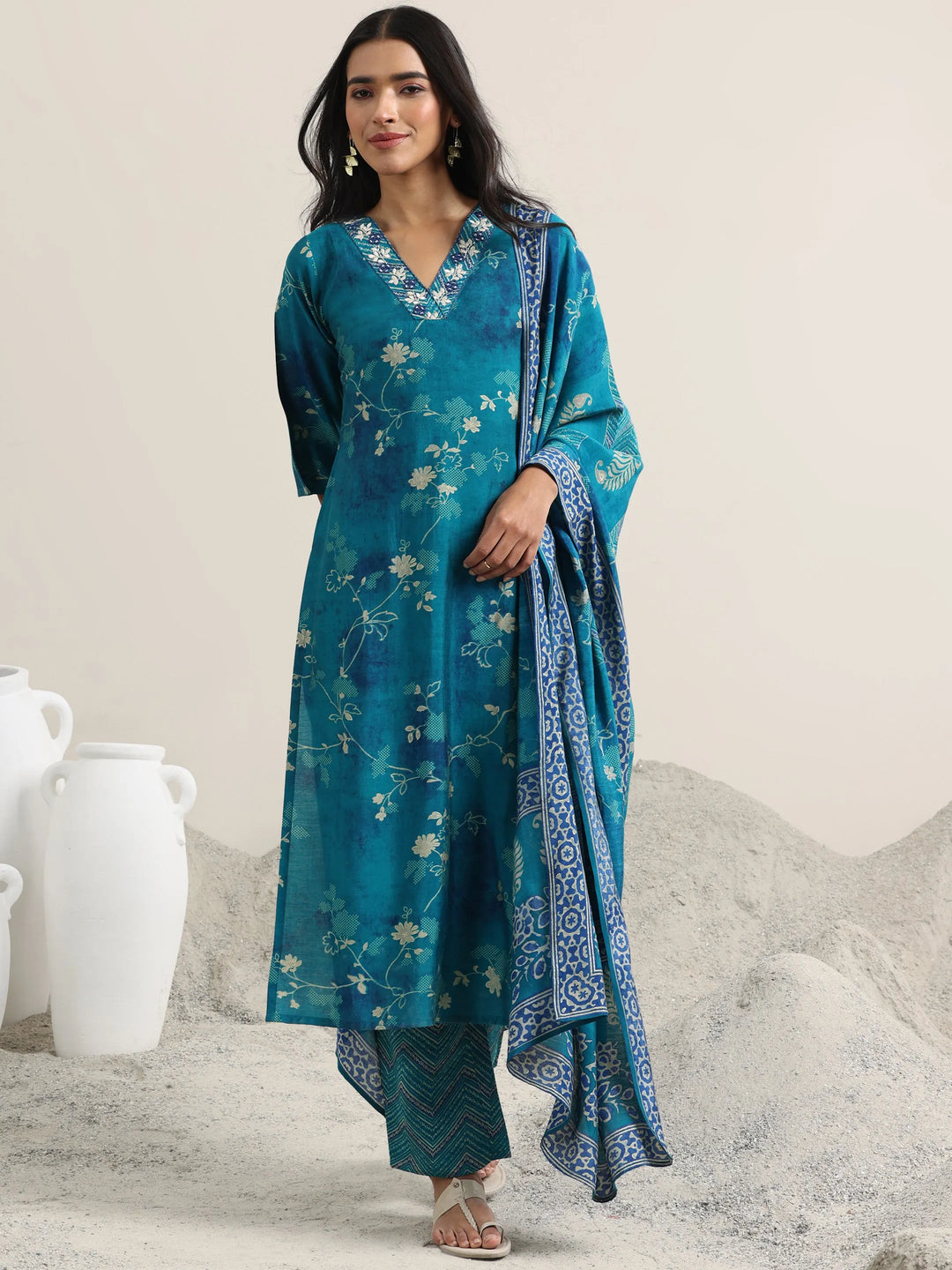 Blue Printed Silk Blend Straight Suit With Dupatta