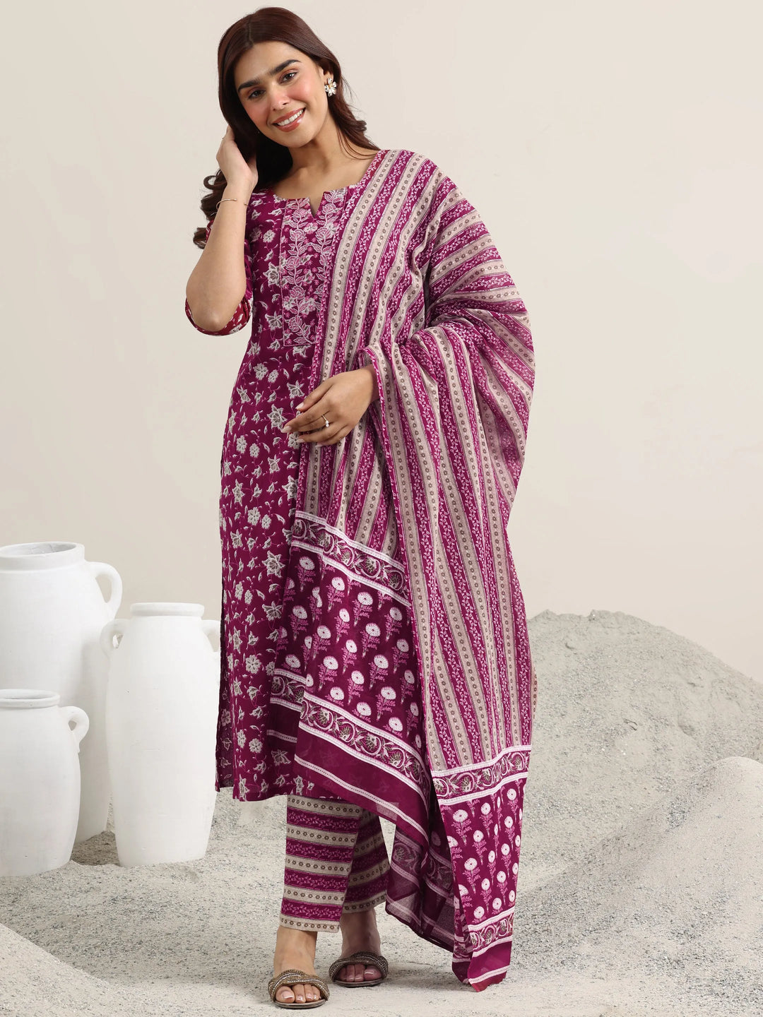 Burgundy Printed Cotton Straight Suit With Dupatta
