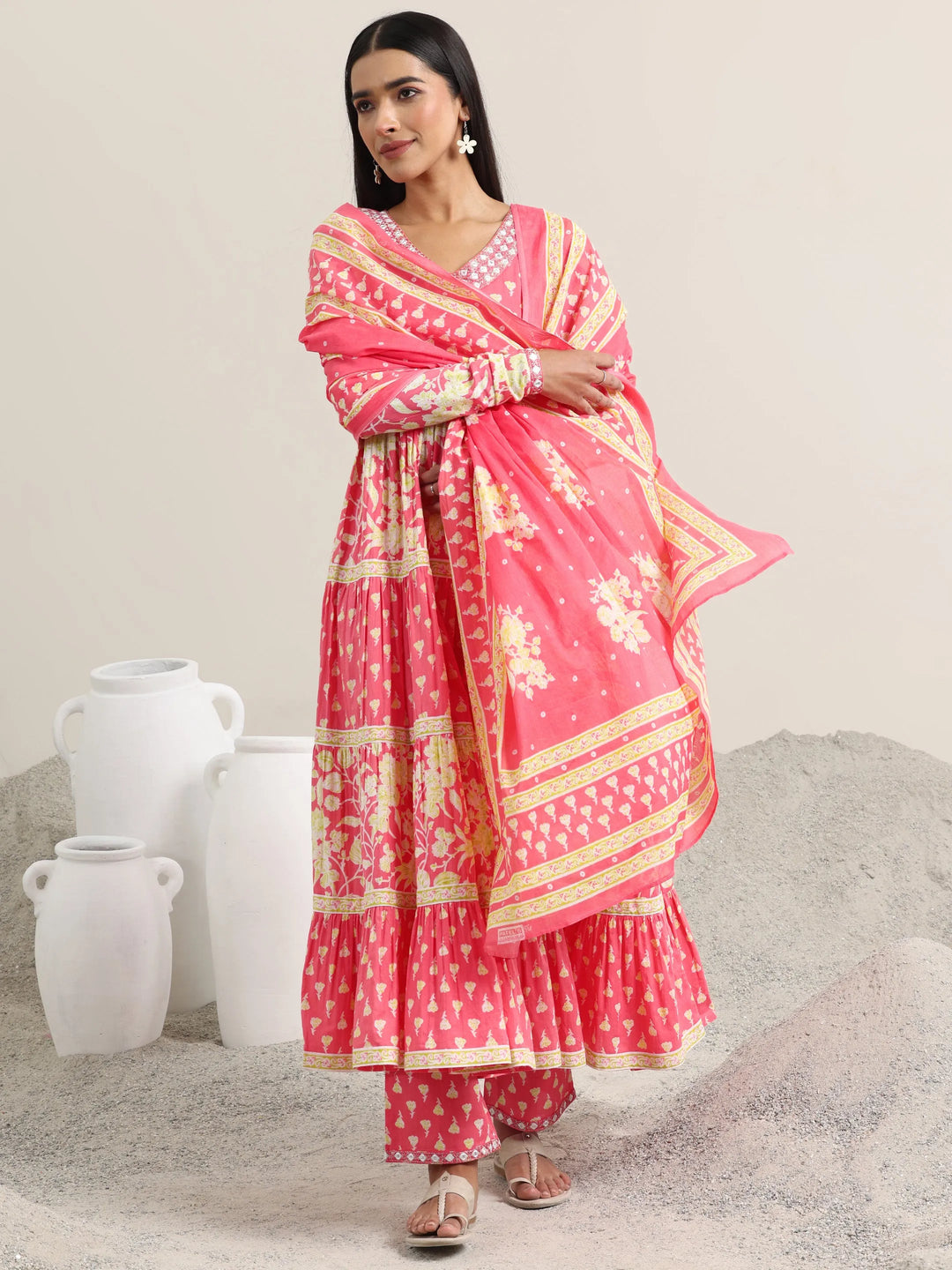 Peach Printed Cotton Anarkali Suit With Dupatta