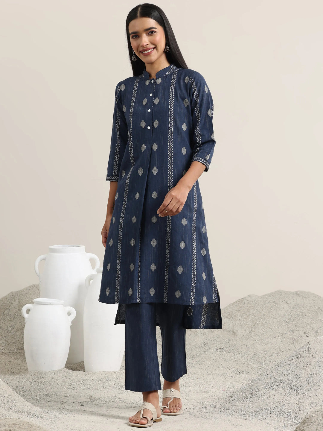 Blue Woven Design Cotton Straight Kurta With Trousers