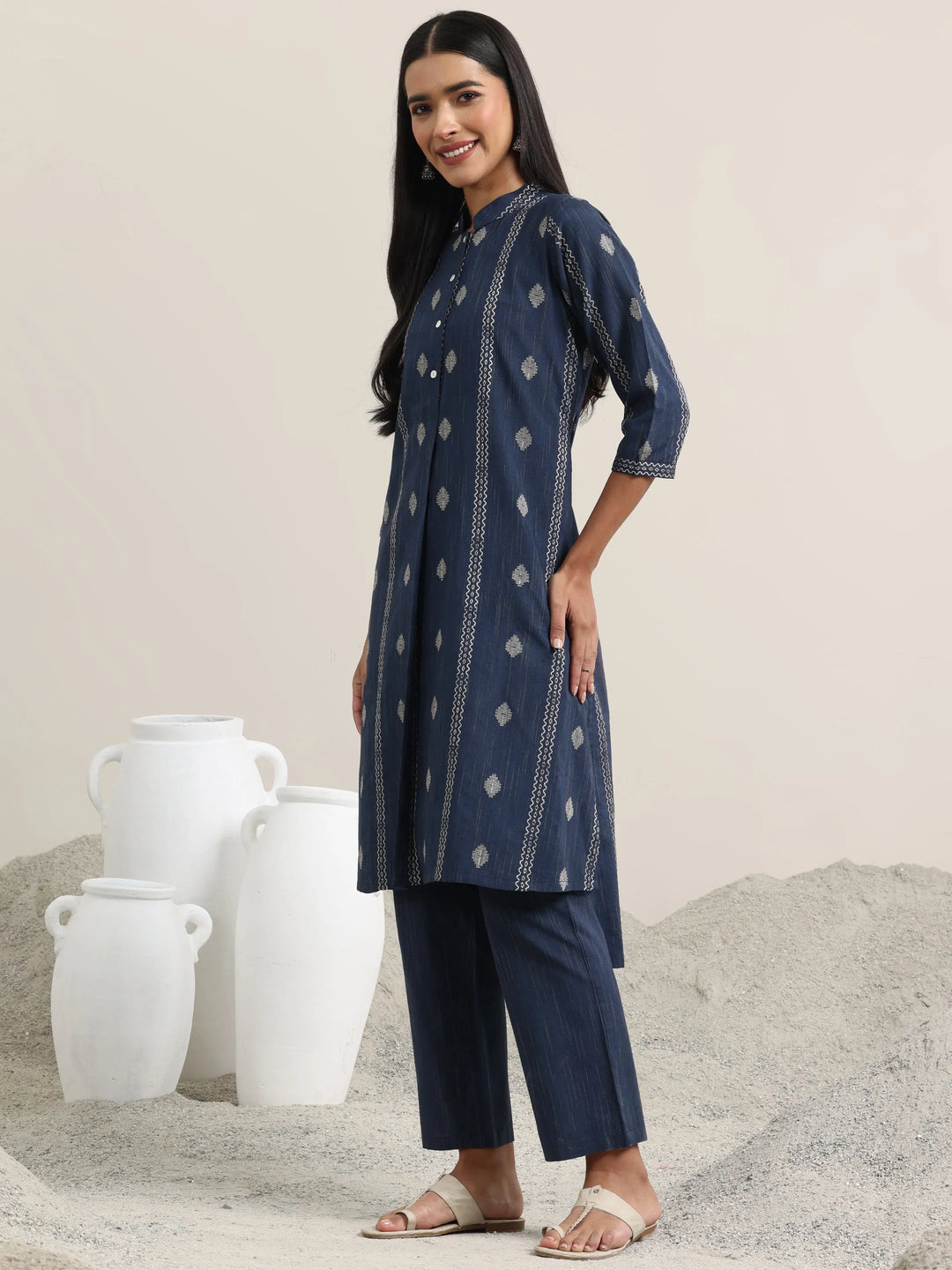Blue Woven Design Cotton Straight Kurta With Trousers