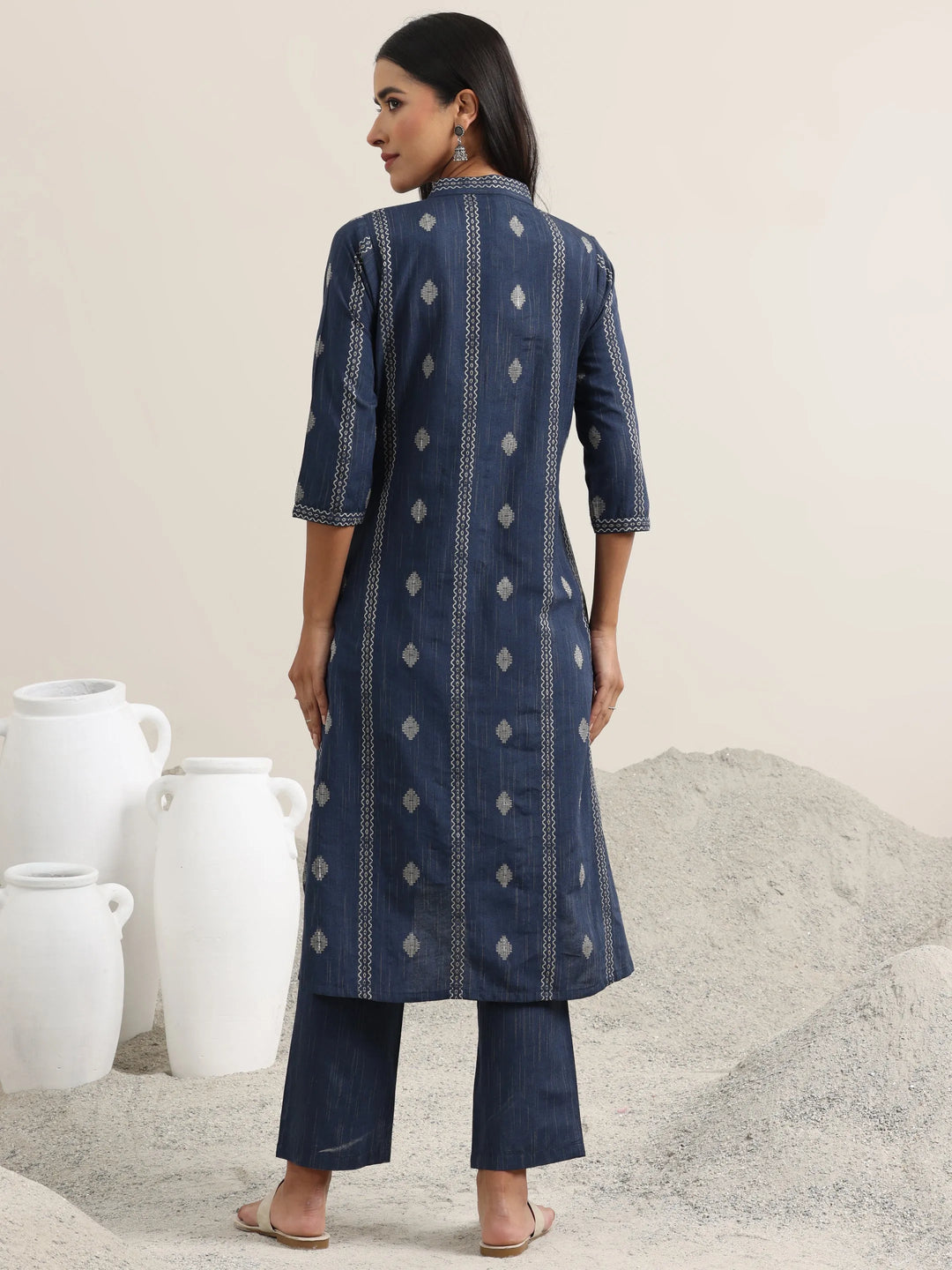 Blue Woven Design Cotton Straight Kurta With Trousers