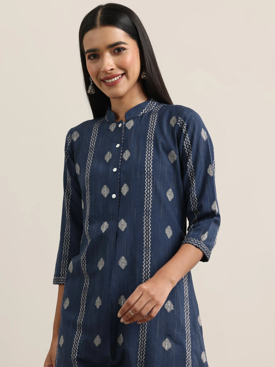 Blue Woven Design Cotton Straight Kurta With Trousers