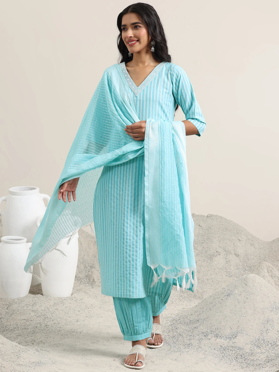 Blue Woven Design Cotton Straight Suit With Dupatta