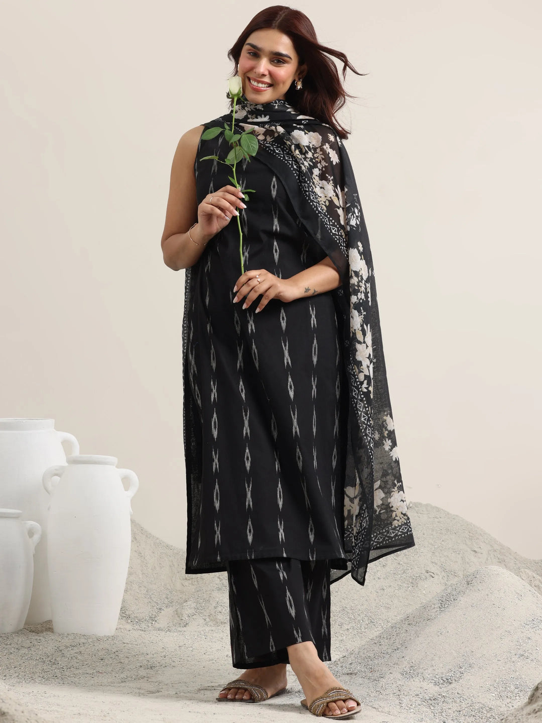 Black Woven Design Cotton Straight Suit With Dupatta