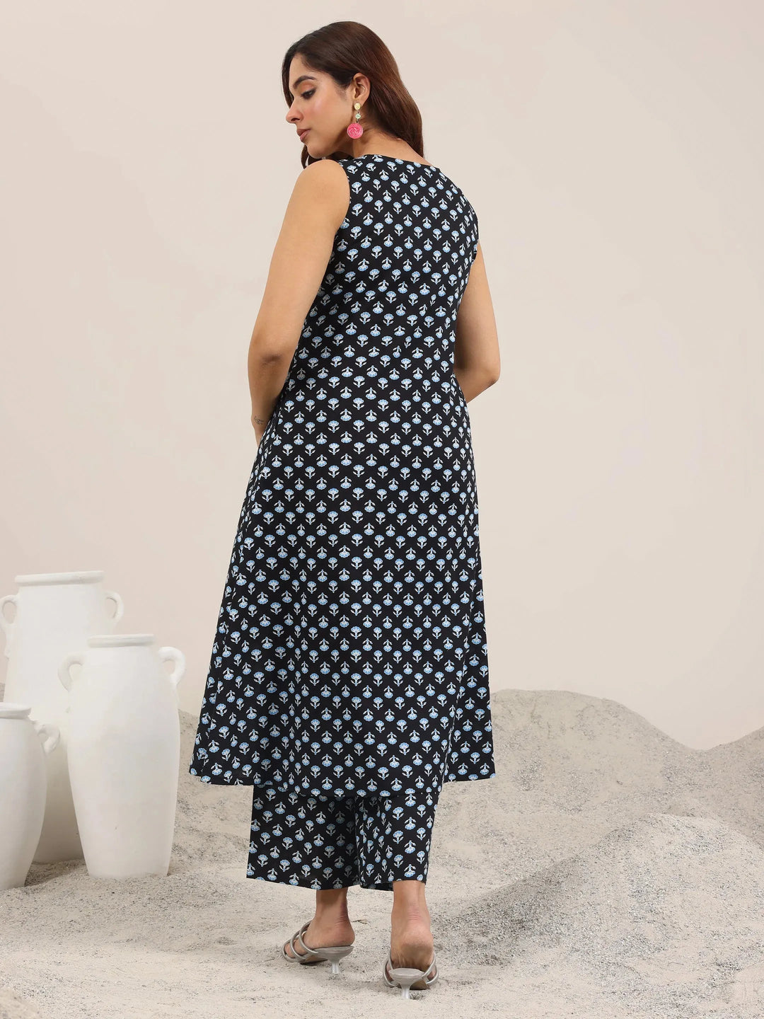 Blue Printed Pure Cotton A-Line Kurta Set