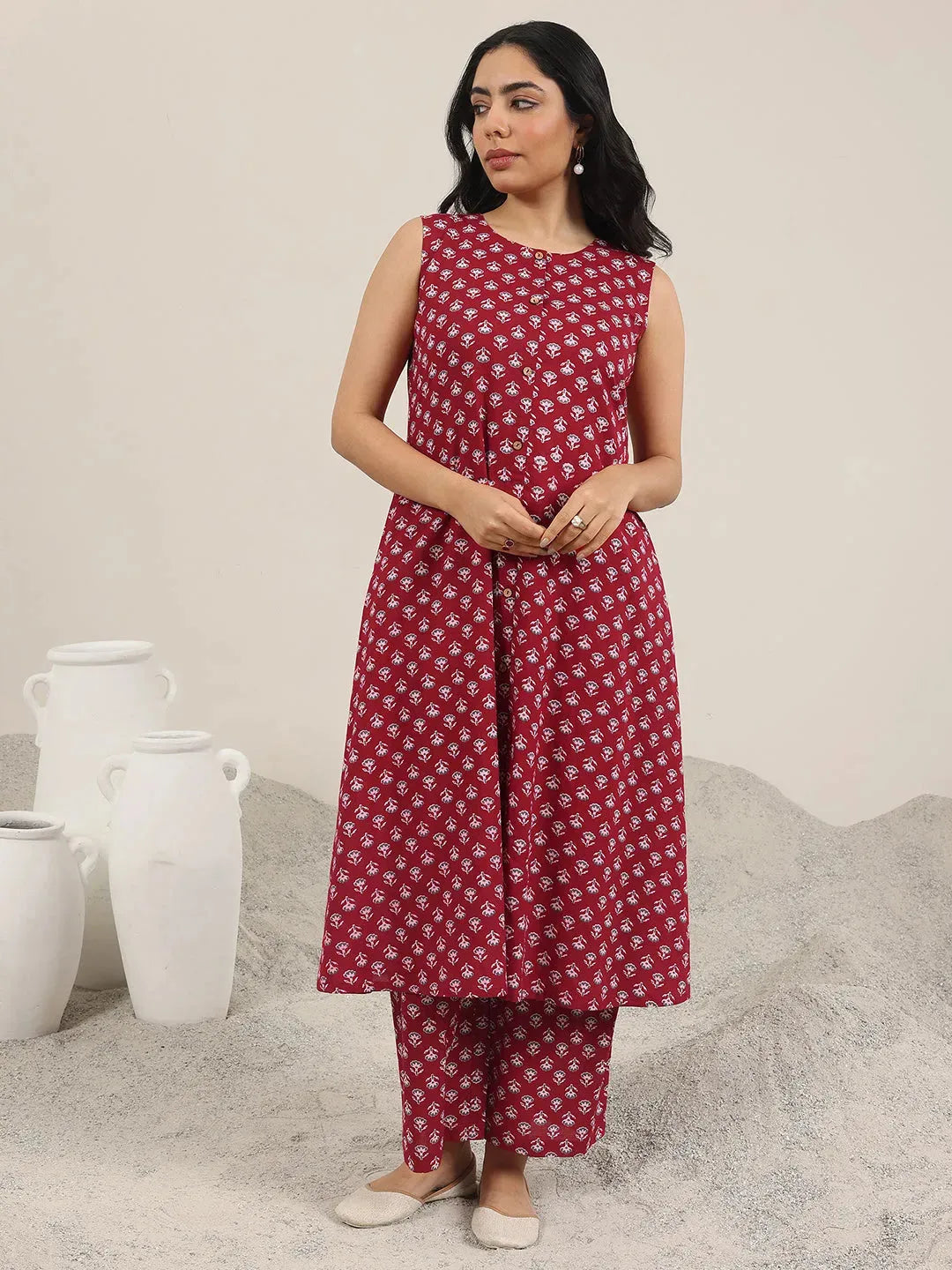 Maroon Printed Pure Cotton A-Line Kurta Set