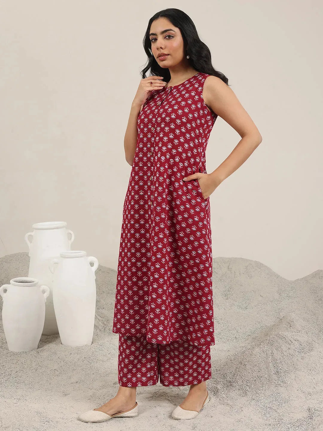 Maroon Printed Pure Cotton A-Line Kurta Set