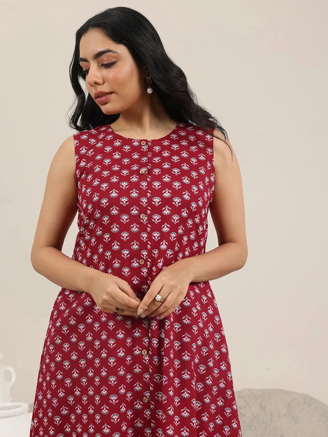 Maroon Printed Pure Cotton A-Line Kurta Set