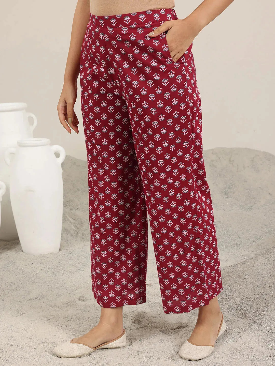 Maroon Printed Pure Cotton A-Line Kurta Set