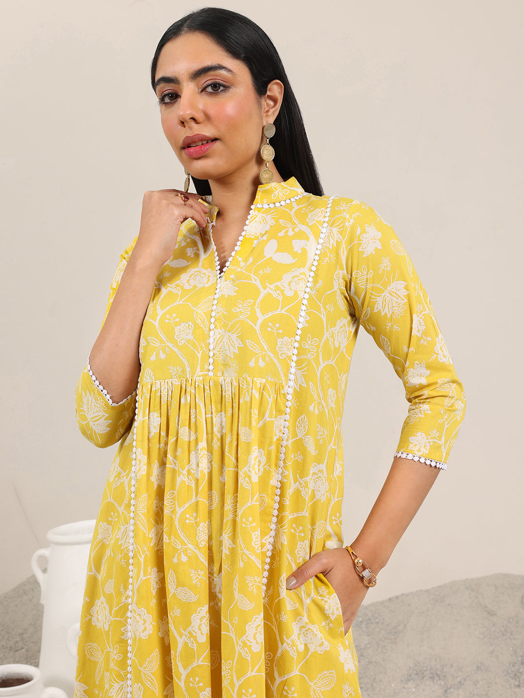 Yellow Printed Pure Cotton Straight Kurta Set