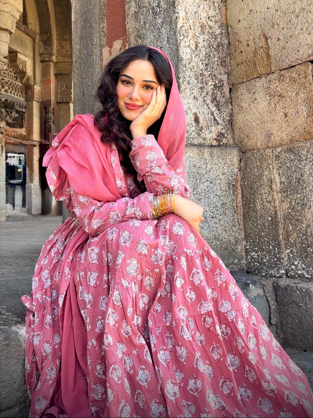 Buy Libas Mauve Printed Cotton Anarkali Suit Set With Dupatta Online at Rs.1609