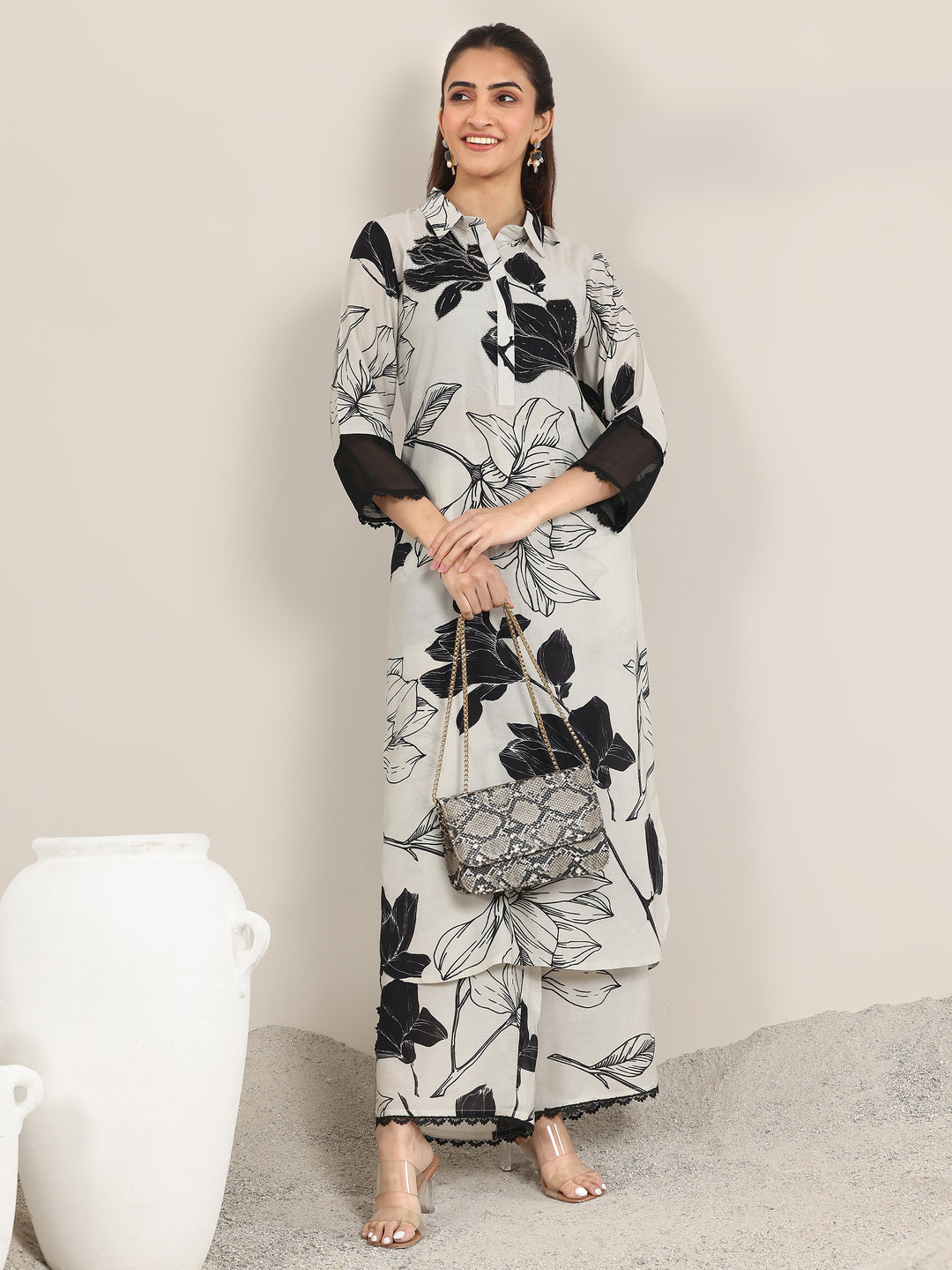 Off White Printed Rayon Straight Kurta Set