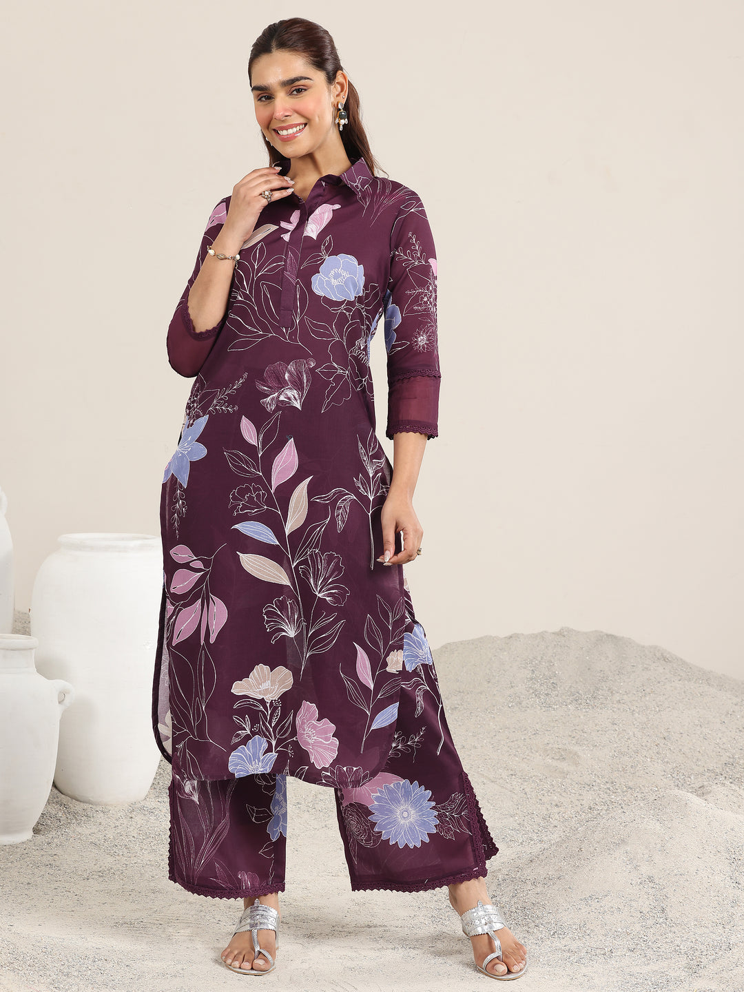 Wine Printed Rayon Straight Kurta Set