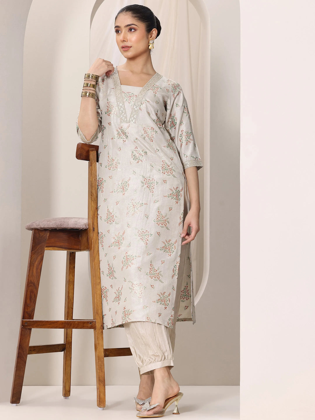 Grey Woven Design Silk Blend Straight Kurta Set