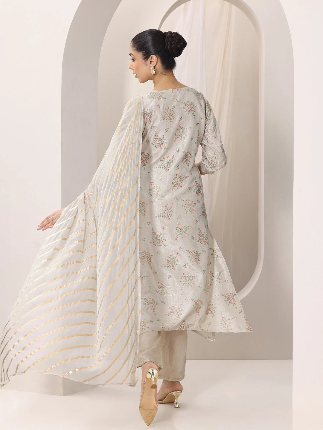 Grey Woven Design Silk Blend Straight Suit Set With Dupatta
