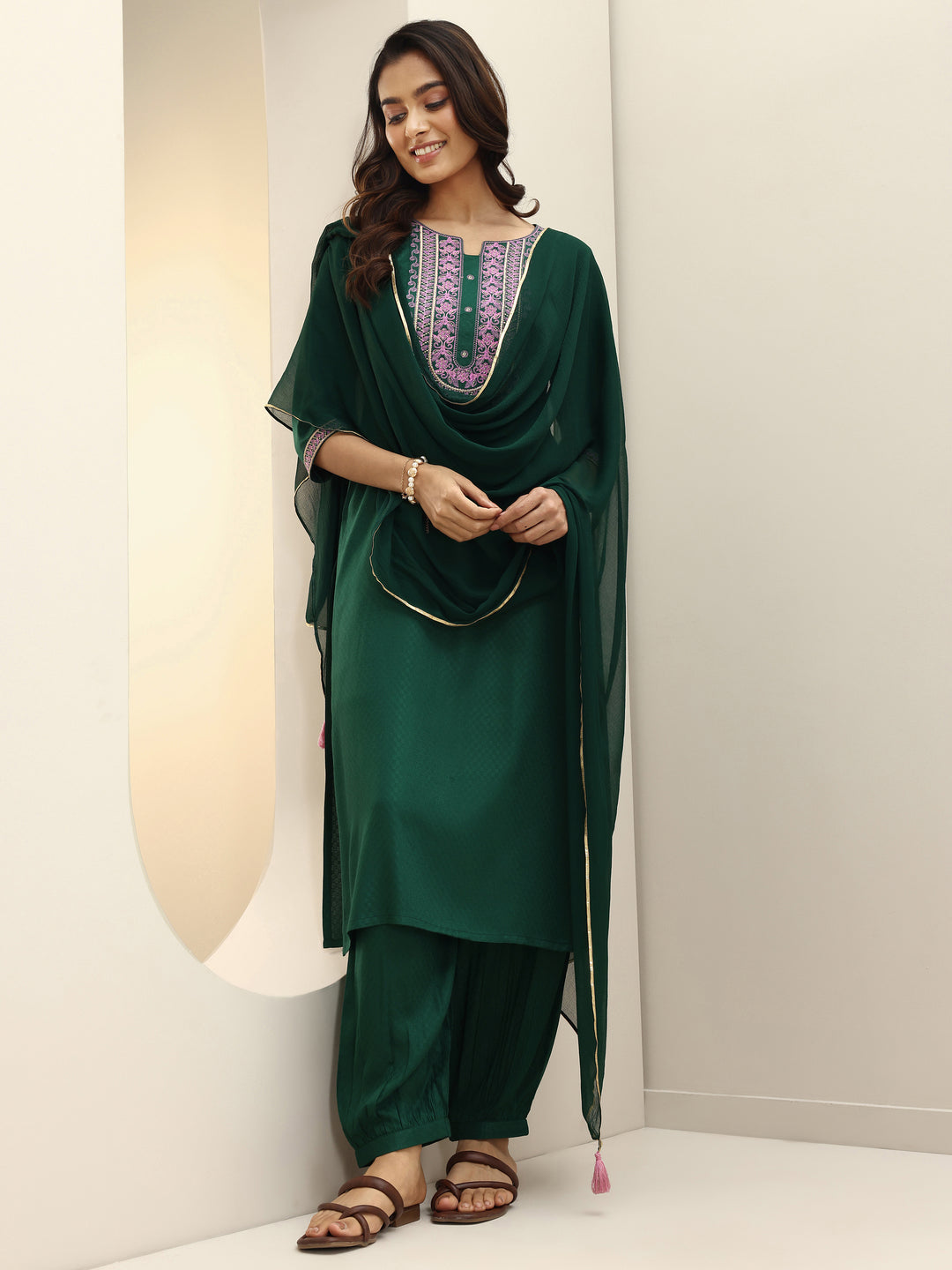 Green Self Design Rayon Straight Suit Sets With Dupatta
