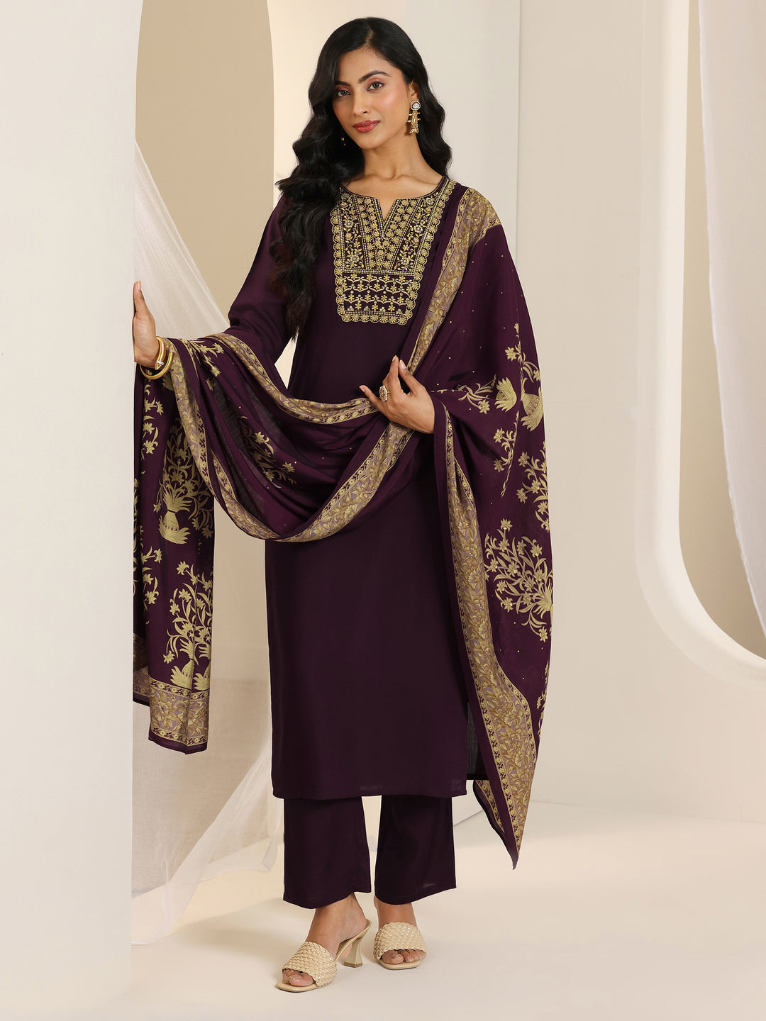Wine Yoke Design Viscose Rayon Straight Suit Set With Dupatta