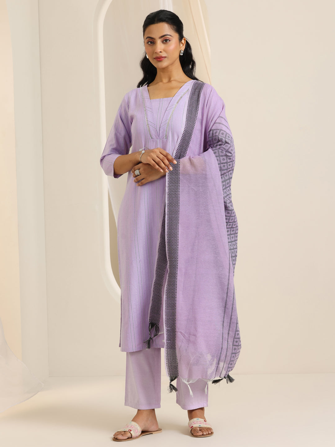 Lavender Woven Design Cotton Blend Straight Suit Set With Dupatta