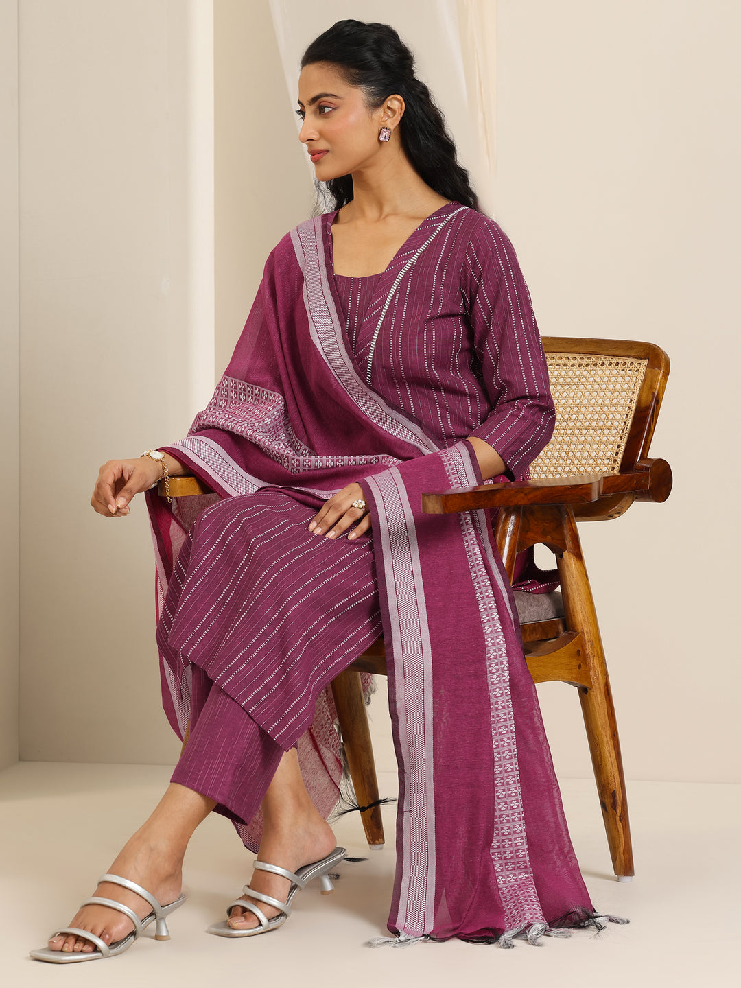 Magenta Woven Design Cotton Blend Straight Suit Set With Dupatta