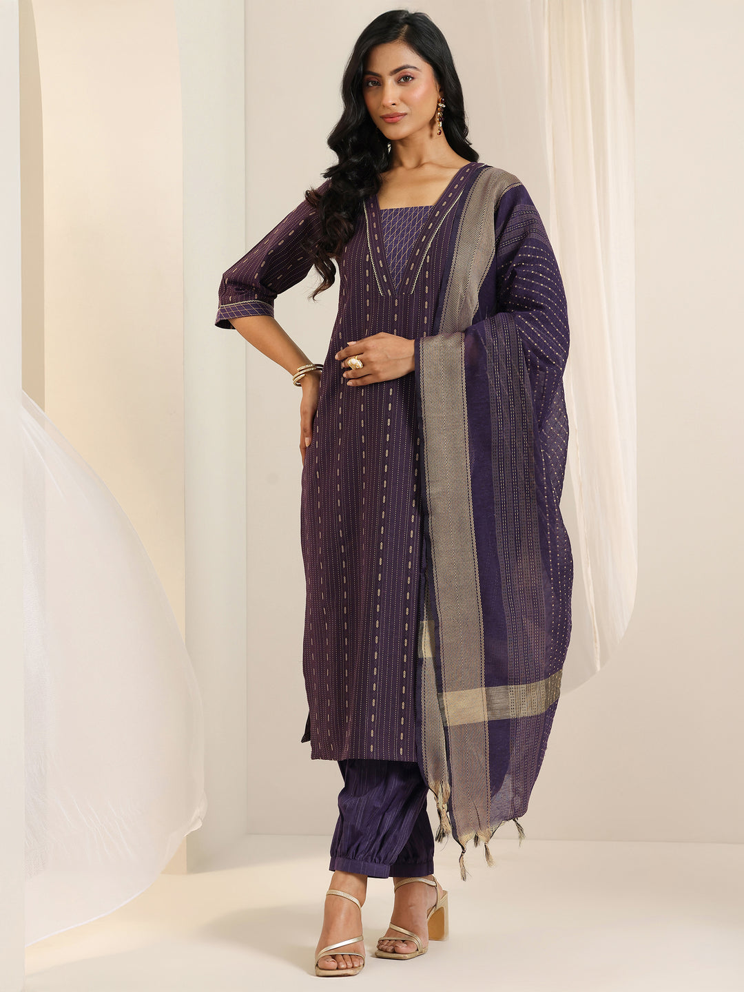 Wine Woven Design Cotton Blend Straight Suit Set With Dupatta