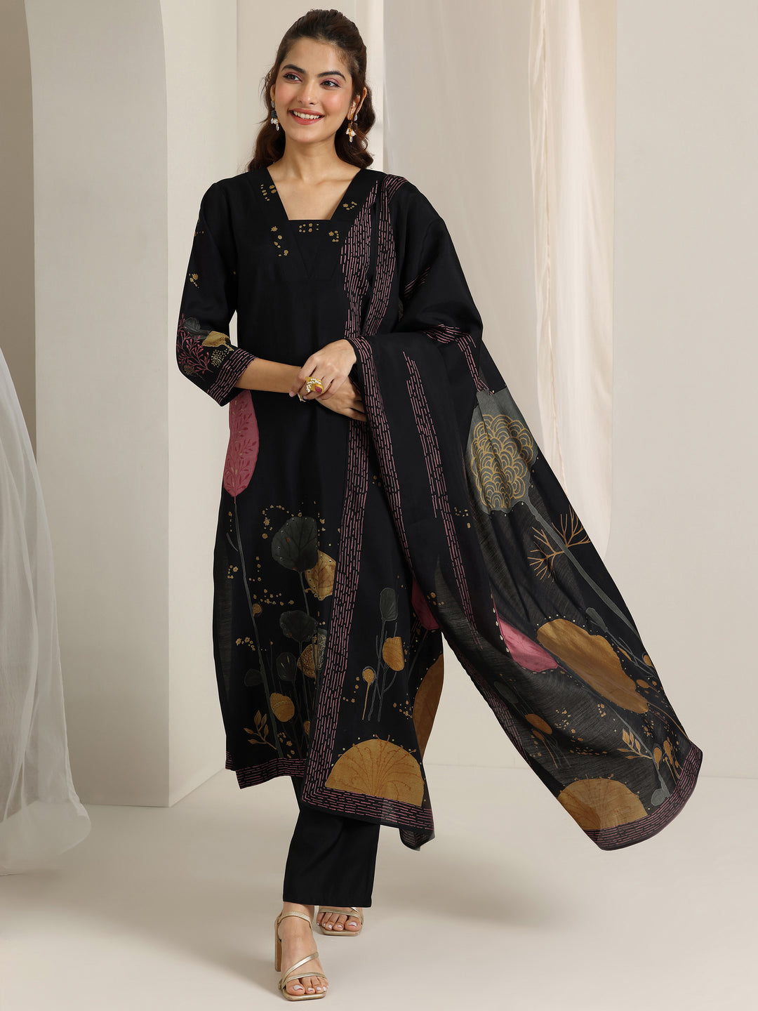 Black Printed Silk Blend Straight Suit Set With Dupatta